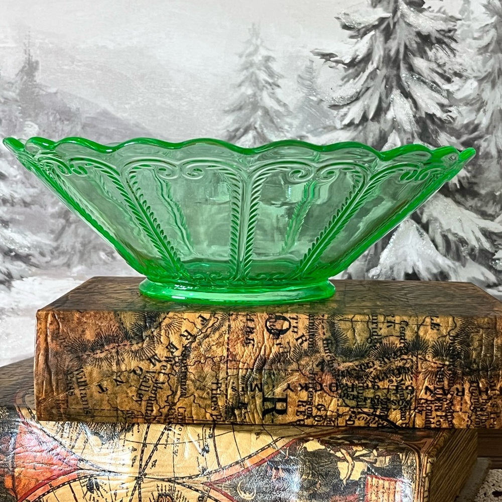 Vintage Uranium Glass Console Bowl 1930s Depression Glass Glows Under UV Light